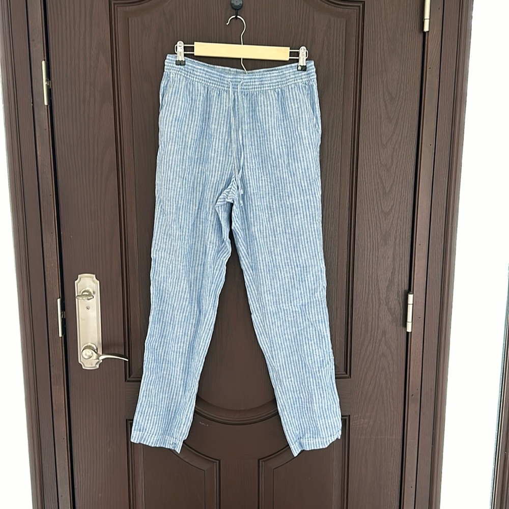H&M Blue Striped Linen Blend Pants Relaxed Fix Pants Size S Coastal Grandmother